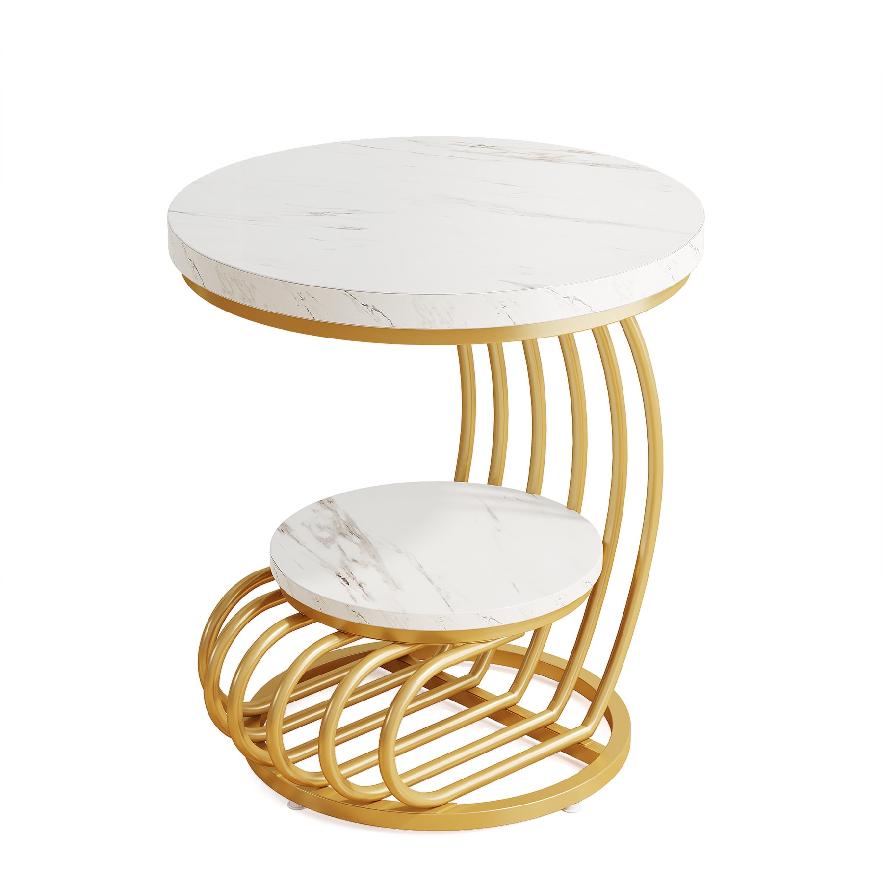 Round End Table With Storage Shelf, 2 Tiers Marble Side Table_voghion.com